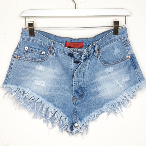 SIGNATURE 8 medium button fly distressed keep it brief micro denim shorts - Picture 9 of 9